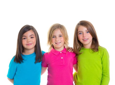 children happy girl firends group smiling hug together isolated on white background