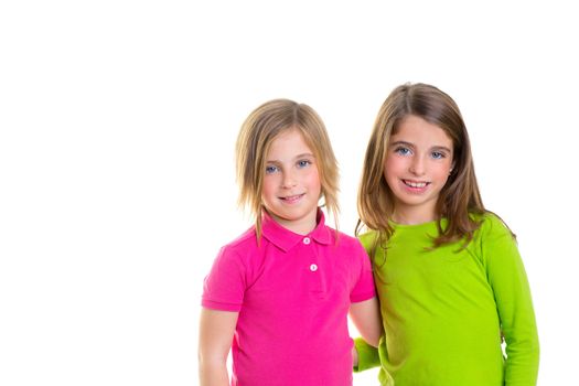 children happy two sister girls smiling hug together isolated on white