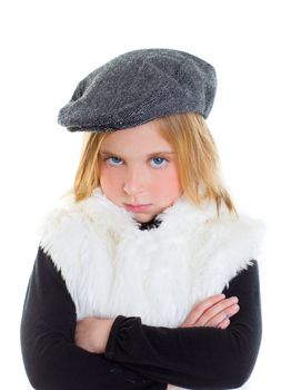 angry gesture child sad blond kid girl portrait winter cap on white