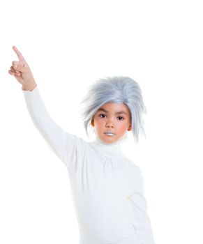 asian futuristic kid girl with gray hair pointing finger on white