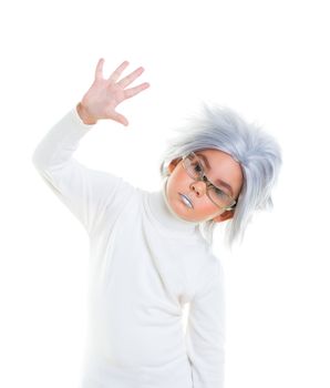 asian futuristic kid girl with gray hair open hand on white