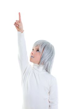 beautiful futuristic kid girl futuristic child with gray hair pointing finger in white