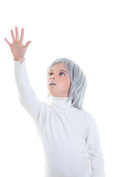 beautiful futuristic kid girl futuristic child with gray hair open hand in white