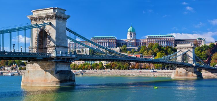 Buda Castle and Szechenyi Chain Bridge. Budapest, Hungary 