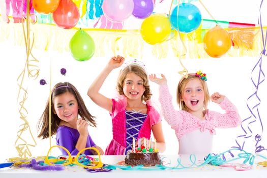 children kid in birthday party dancing happy laughing with baloons serpentine and garlands