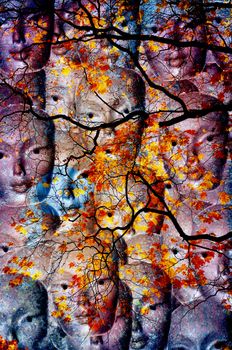 Collage of faces behind autumn colored tree.