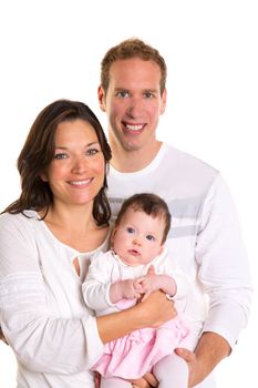 Baby girl mother and father family happy on white background