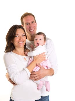 Baby girl mother and father family happy on white background