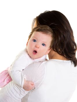 Baby girl hug in mother arms funny gesture on white background