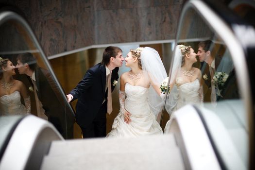 bride and groom in metro