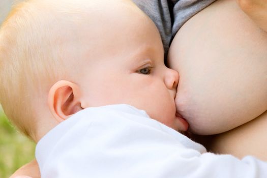 child of one and year old sucks a breast of mom