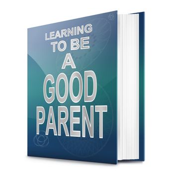 Illustration depicting a book with a parenting concept title. White background.