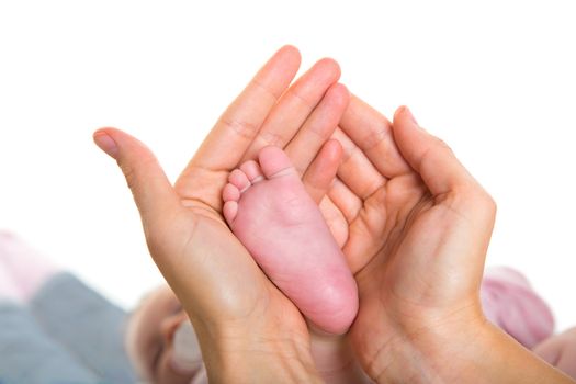 Mother hands holding baby nude foot on white background macro detail