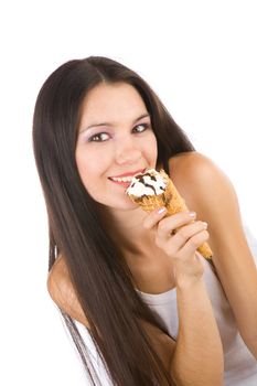 pretty girl with long hair eats ice-cream