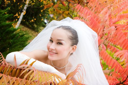 thinking bride by the yellow leaf of the plant