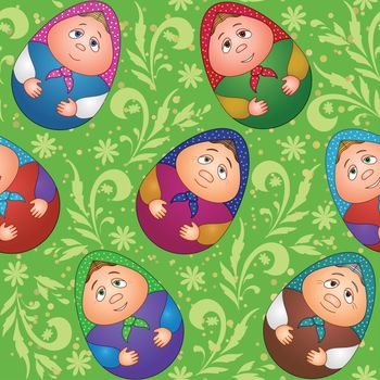 Seamless background, Russian traditional national wooden dolls Matreshka in the form of Easter eggs and green floral pattern.