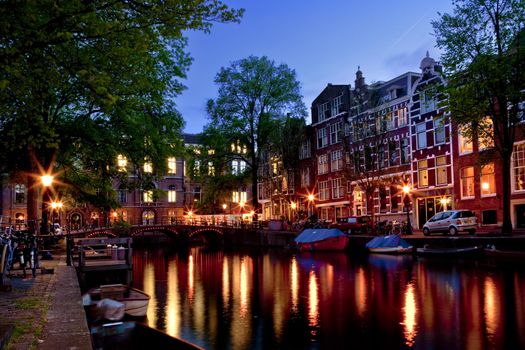 Beautiful night view of the channel in Amsterdam