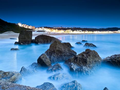 Beautiful night view from the small village Nazaré  in Portugal