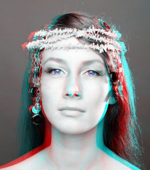 Beautiful woman portrait. anaglyph 3D (To see the image you will need cyan/red glasses)