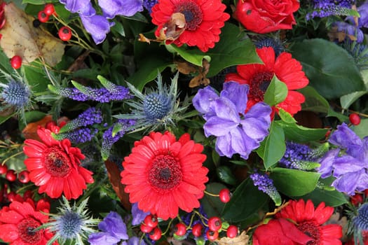 Various red and blue flowers in a floral arrangement