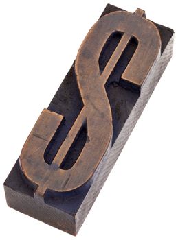 dollar sign in vintage wood letterpress printing blocks, stained by color inks, isolated on white