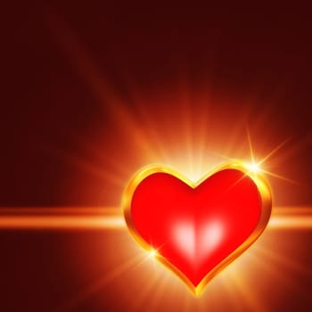 3d shining golden heart with rays of light over red background