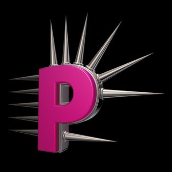 letter p with metal prickles on black background - 3d illustration