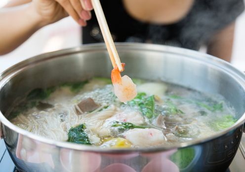 prawn boiling in pot shabu sukiyaki japanese food style