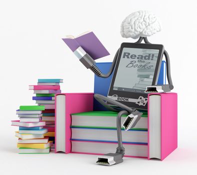 Character is sitting in the chair of the books and reading a book