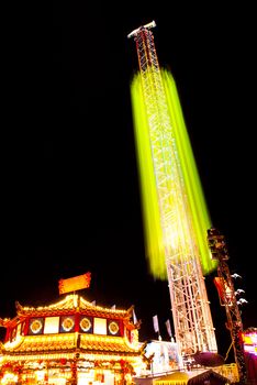 long exposure pictures of amusement park rides and wheels at night