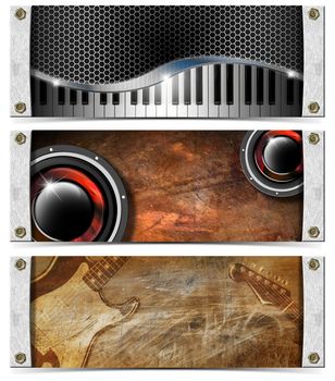 Three horizontal grunge music banners or headers with guitar, piano and woofer

