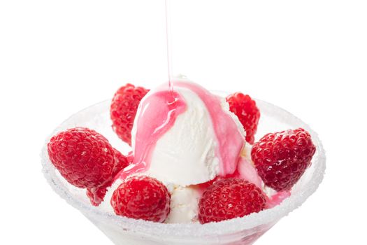 Ice Cream with Raspberries, isolated on white, closeup