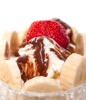 Ice Cream with Strawberries and Bananas, isolated on white