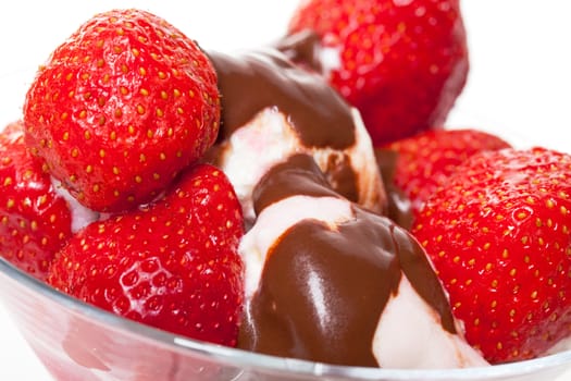 Ice Cream with Strawberries and Chocolate, closeup