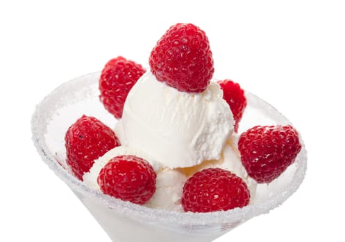 Ice Cream with Raspberries, isolated on white, closeup