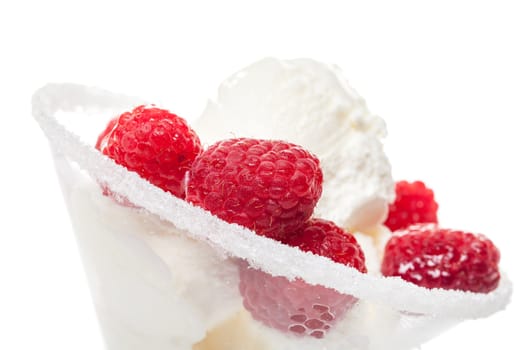 Ice Cream with Raspberries, isolated on white, closeup