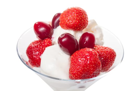 Ice Cream with Strawberries, isolated on white, closeup