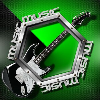 Music green background with metal hexagon, guitar and written music