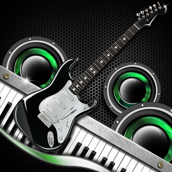 Music black background with hexagons, guitar, woofer and piano
