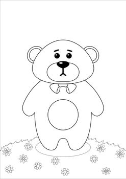 Teddy bear a  tilde on a flower summer meadow, ,monochrome contours