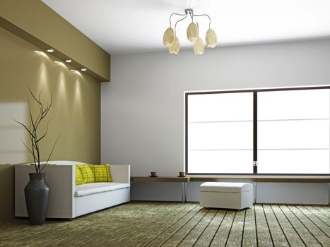 A room interior with a sofa and a vase