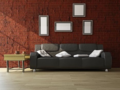 Black sofa and a table near the wall