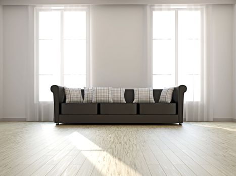 The leather sofa near the big windows