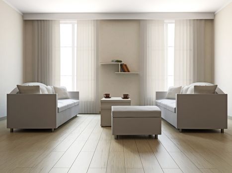 Livingroom with sofas and a table near big windows