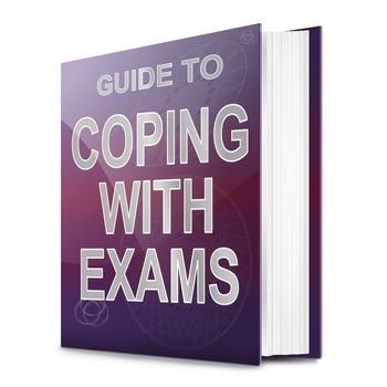 Illustration depicting a book with a coping with exams concept title. White background.