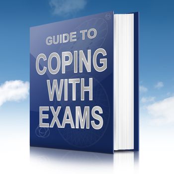 Illustration depicting a book with a coping with exams concept title. Sky background.