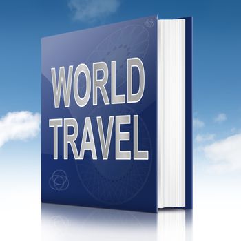 Illustration depicting a book with a world travel concept title. Sky background.