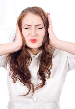Frustrated she covers his ears with his hands, refusing to listen to
