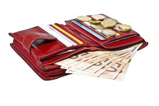 Red wallet with cards and euro money
