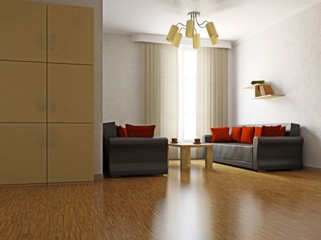 Livingroom with sofas and a table near  the window